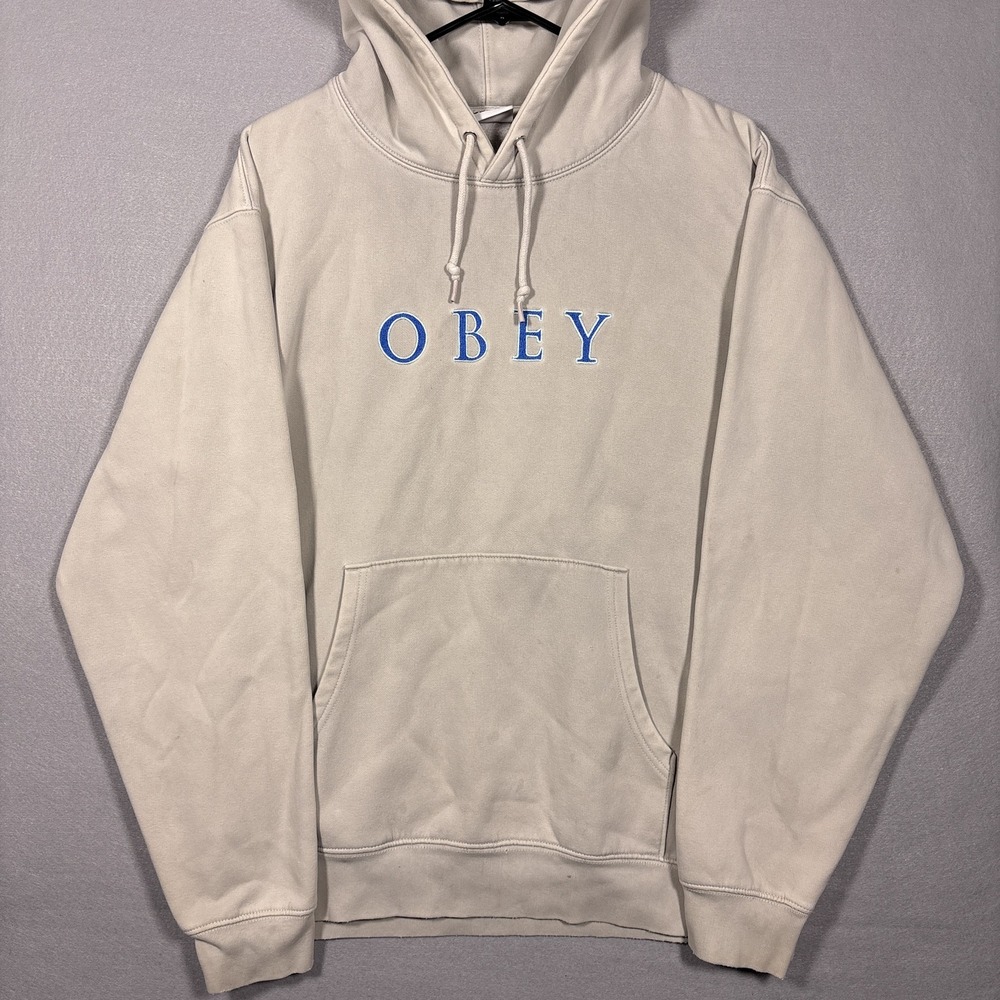 Obey Spellout Heavyweight Hoodie Mens Large Tan Skate Sweatshirt